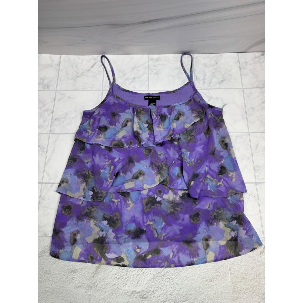 New York & Company Purple Floral Ruffle Layered Cami Tank Top Womens Large
